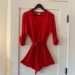 Classic Red V-neck Romper w/ Belt Tie Gold Button Detailing